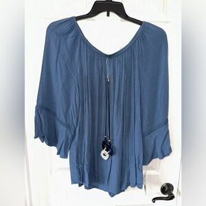 I.N. Studio Women's 2X 3/4 Sleeve Tunic Blouse Blue with Necklace NEW